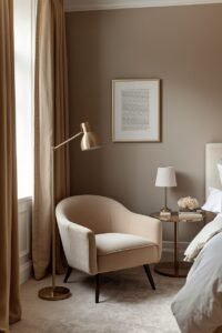 Cozy reading nook in a master bedroom makeover with armchair and floor lamp.