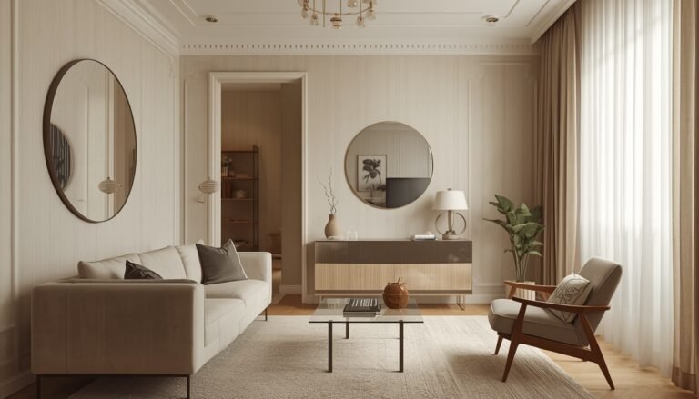A beige modern living room with a sofa, armchair, coffee table, and round wall mirrors, styled as Small Living Room Luxury Ideas with floor-to-ceiling curtains and a sideboard along the back wall.
