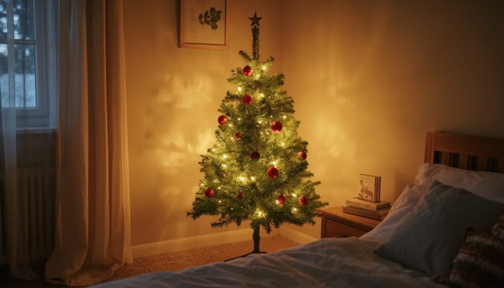 Cozy Christmas bedroom decor: a small, lit tree with red ornaments.