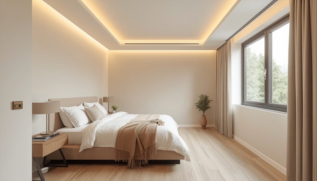 Modern bedroom with recessed ceiling lighting, a king-size bed, and large window.