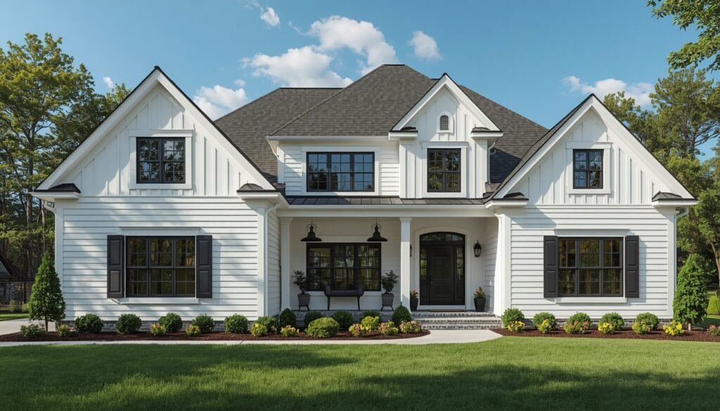 Modern white farmhouse exterior with black windows and shutters.