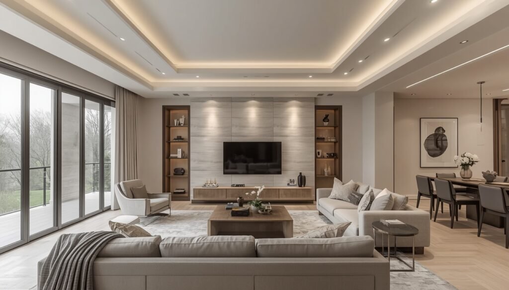 Modern living room with recessed ceiling lights and coffered ceiling design.