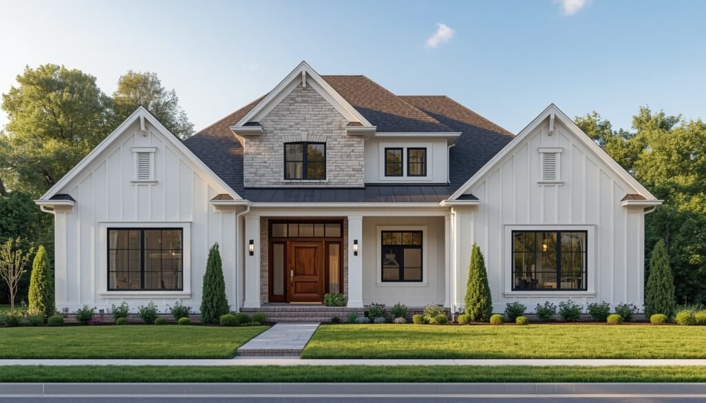 Modern white farmhouse with stone accents and a wooden door, showcasing popular white exterior house colors.