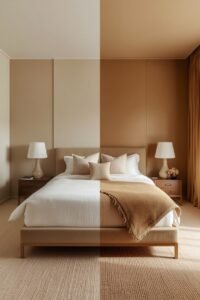 Master bedroom makeover: Split view shows plain beige room contrasted with stylish warm brown.