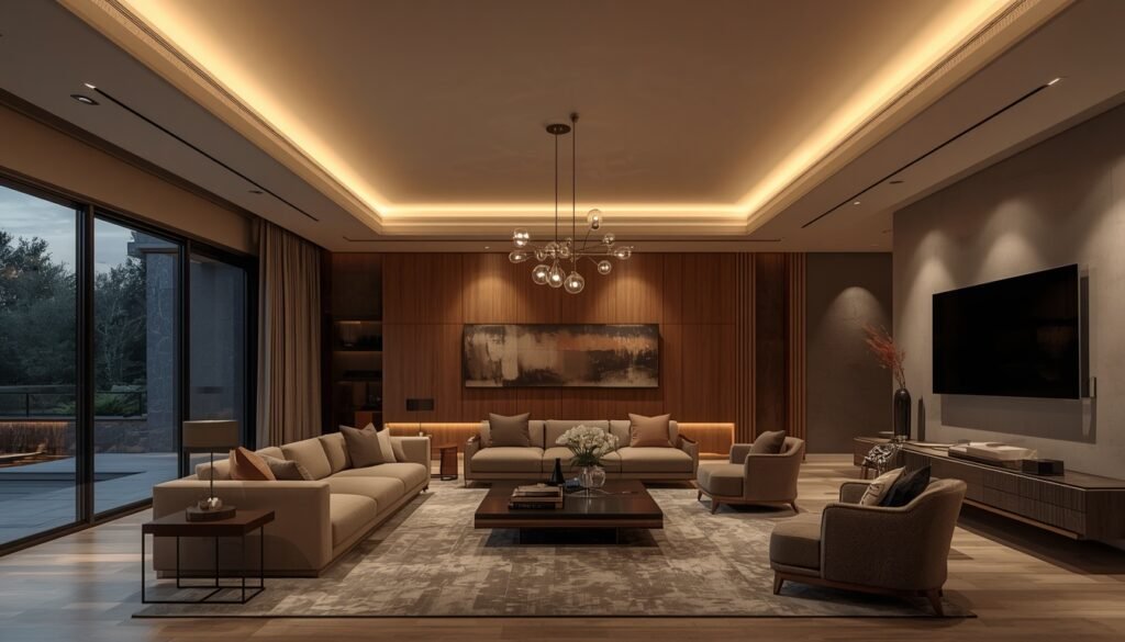 Modern living room with recessed ceiling lights, a centerpiece chandelier, and wood paneling.