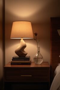 Boutique bedroom bedside table with lamp, books, and single flower vase Boutique bedroom bedside table with lamp, books, and single flower vase
