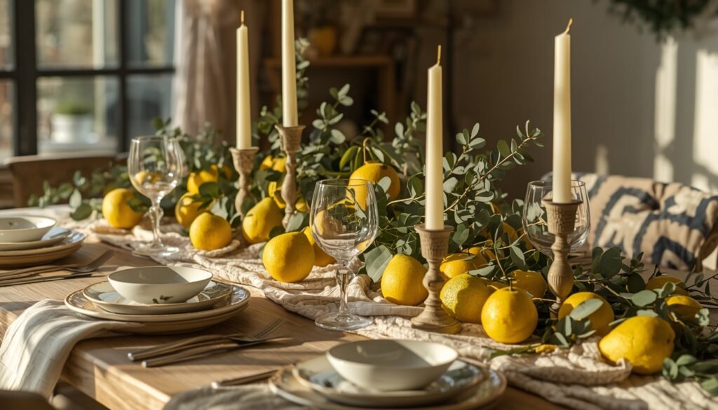 Nature-inspired table setting with lemons, eucalyptus, and candles