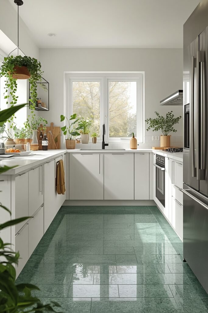 Green marble kitchen floor tile ideas in a modern white kitchen.