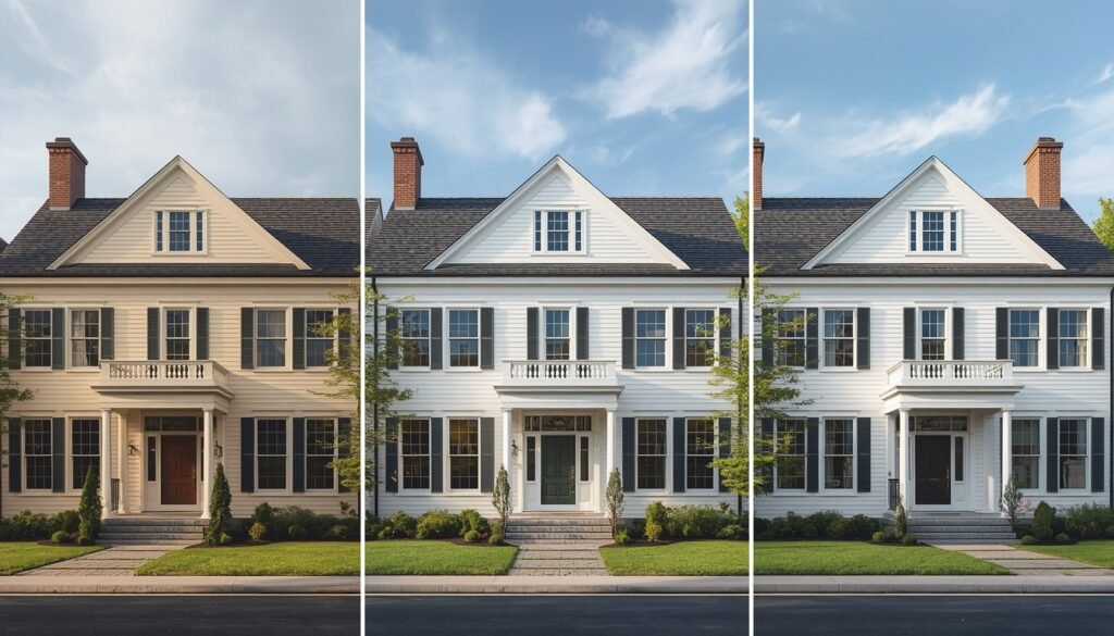 Three white exterior house color options for a colonial-style home.