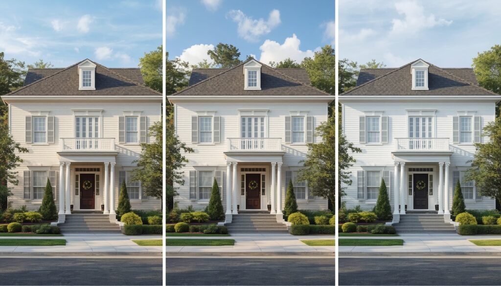 White colonial house with gray shutters and a welcoming porch