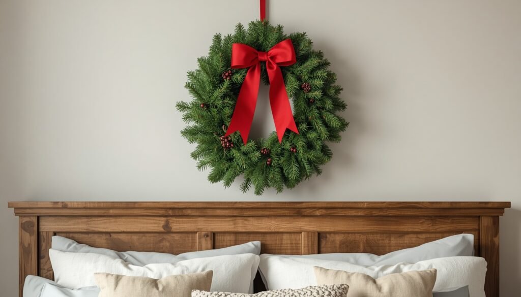 Christmas wreath with red bow above cozy bed, cozy Christmas bedroom decor idea.
