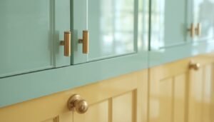 Retro kitchen cabinets in mint green and yellow with brass hardware