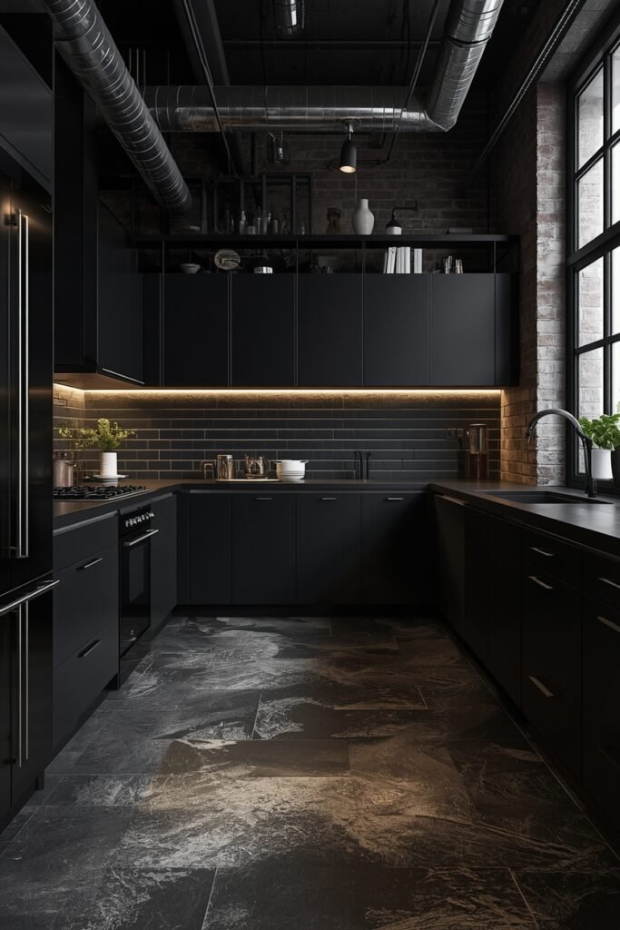 Dark modern kitchen with slate floor tiles, showcasing kitchen floor tile ideas.