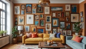 Colorful apartment ideas: yellow sofa in a room with a gallery wall