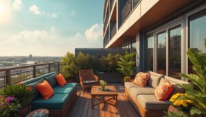 Colorful apartment balcony with teal sofa, wicker chair, and city view