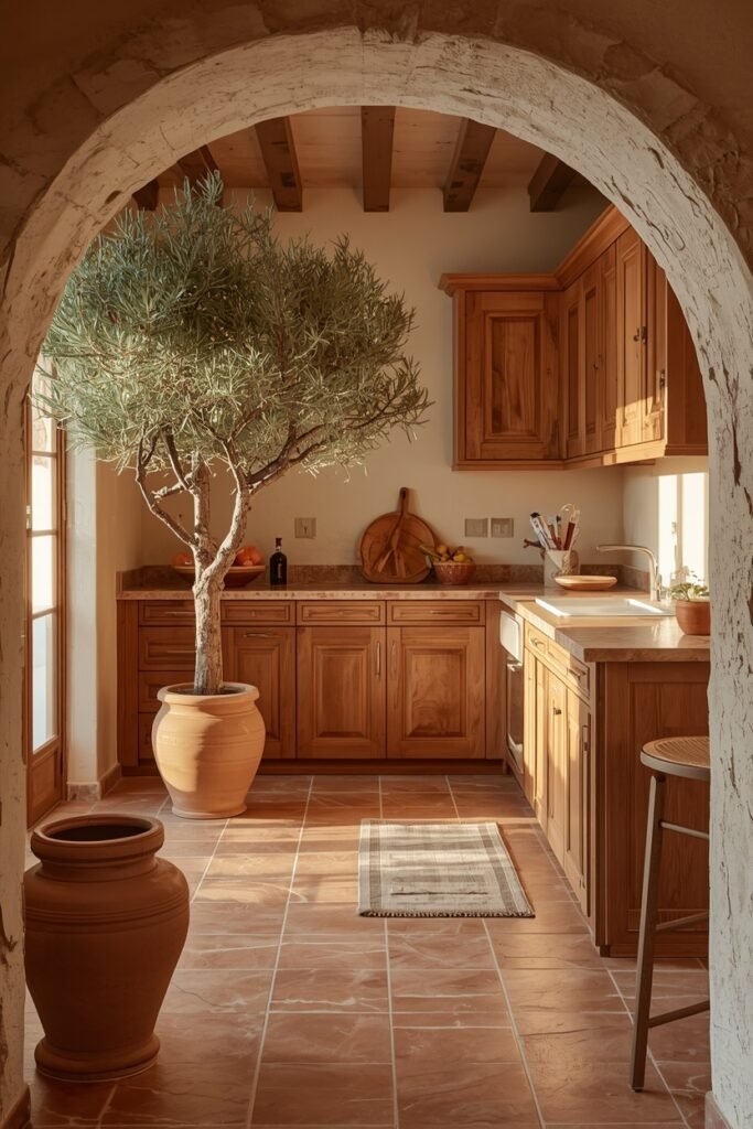 Terracotta kitchen floor tile ideas in a rustic kitchen with olive tree