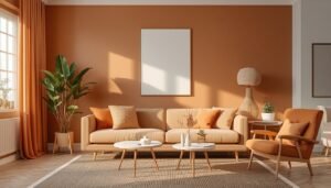 Warm, colorful apartment living room with beige sofa, orange accents, and natural light.