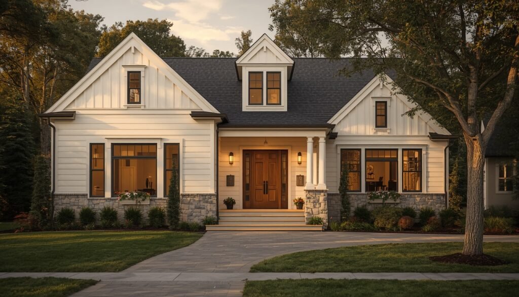 Elegant white exterior house with classic architectural details and lush landscaping.