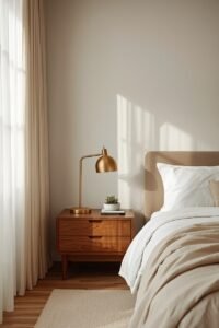 Master bedroom makeover idea: bedside table with lamp and plant.