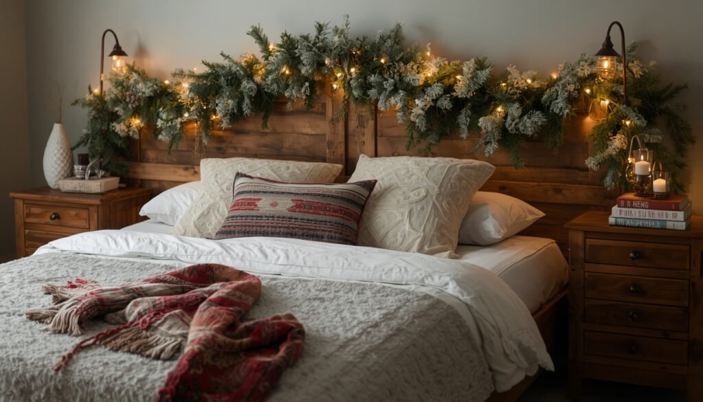 Cozy Christmas bedroom decor: bed with festive garland and pillows